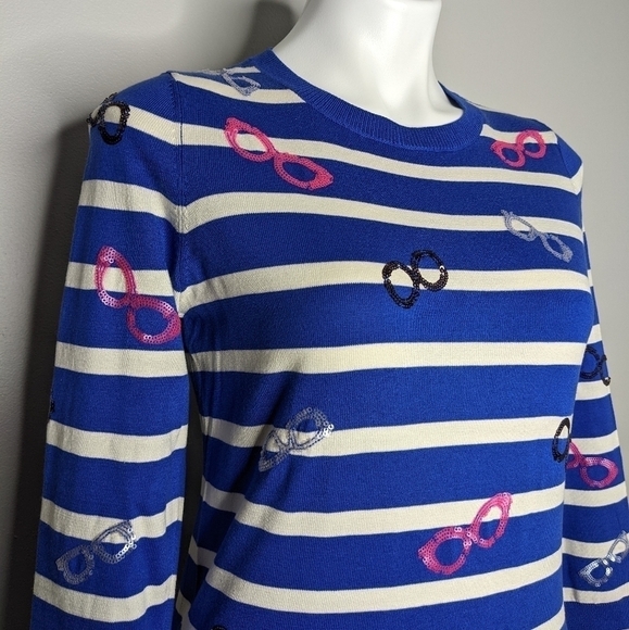 ✨3/$15 Talbots blue white striped sequin glasses sweater S - Picture 3 of 7